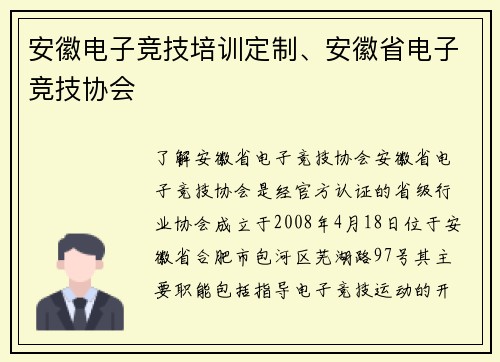 安徽电子竞技培训定制、安徽省电子竞技协会
